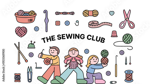 Sewing club illustration with cartoon kids and various crafting tools