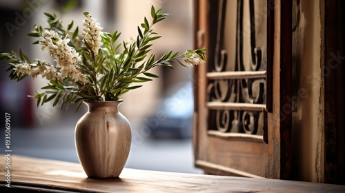 Wallpaper Mural Rustic Wooden Door with Vase of White Flowers on Windowsill Torontodigital.ca
