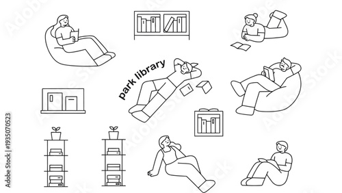 Library illustration with people reading in park and bookshelves
