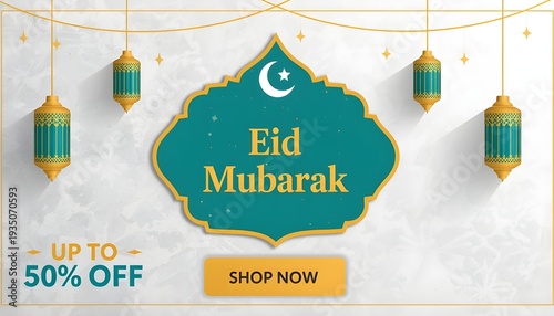 Eid mubarak greeting card with hanging lanterns and sale promotion banner