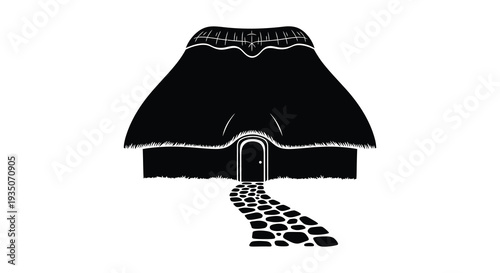 A stark black silhouette depicts a quaint cottage with a thatched roof and stone pathway creating a dramatic silhouette high quality