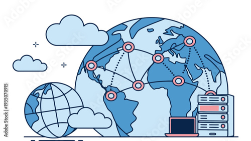 Global network connections are visualized on a stylized Earth with clouds and technology.