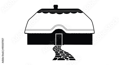 A stark black and white illustration depicts a quaint cottage with a thatched roof and winding path silhouette high quality professional detailed modern