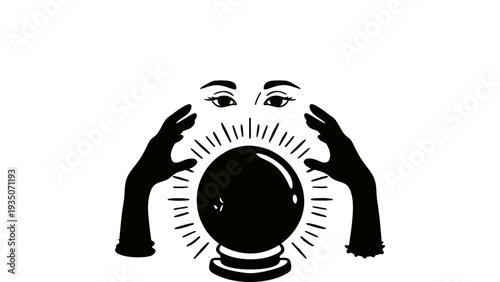 Eyes look over a glowing crystal ball held by hands.