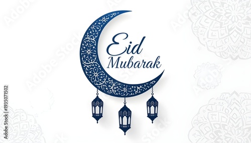 Elegant blue crescent moon with lanterns and calligraphy for eid mubarak celebration greeting card design