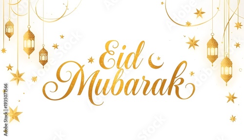 Elegant golden eid mubarak greeting with hanging lanterns and stars on white background
