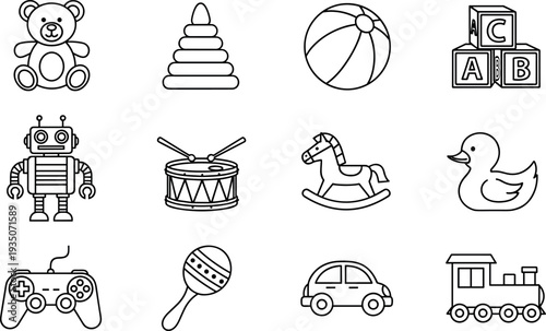 Kids Toy Outline Icon Set with Teddy Bear Drum Robot Ball Duck Train Blocks and Game Controller Symbols for Children Design