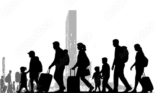 Crowd of People Walking Silhouette with Luggage and Suitcases, Large Group Traveler Migration Scene for Immigration, Tourism, and Urban City Life Design Concepts