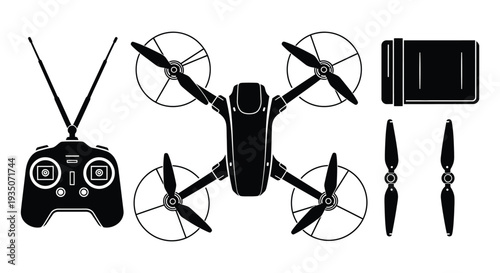 Black and white illustration of a drone remote control and propellers in a minimalist silhouette high quality professional detailed modern elegant
