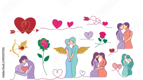 Love icons vector illustration with hearts and couples in various romantic poses