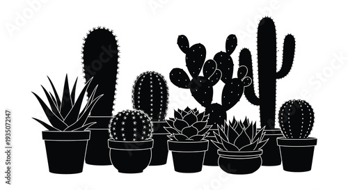 A collection of diverse cactus and succulent plants are depicted in a striking black silhouette high quality professional detailed modern elegant