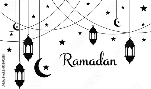 Hanging lanterns and crescent moons surrounded by stars in a night sky illustration for Ramadan celebration