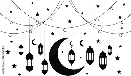 Crescent moon surrounded by hanging lanterns and stars in a celestial nighttime illustration