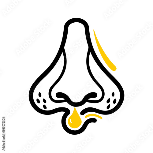 Illustration of a nose with a yellow line indicating nasal airflow or breathing path isolated on white background, Vector