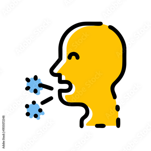 A playful cartoon character sneezing colorful particles into the air isolated on white background, Vector