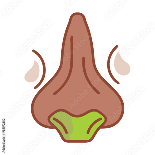 Cartoon depiction of a nose with visible nostrils and a green inner lining isolated on white background, Vector