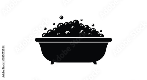 A minimalist depiction of a bathtub filled with bubbles presented as a striking black silhouette high quality professional detailed modern elegant