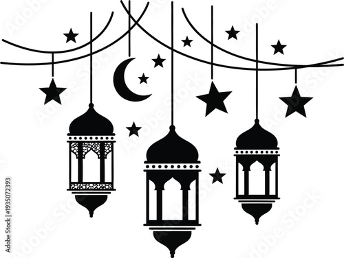 Three ornate lanterns suspended among stars and a crescent moon in a serene nighttime illustration