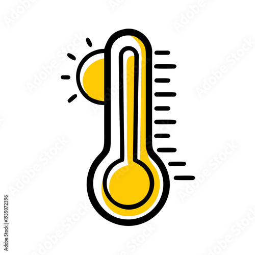 Illustration of a classic thermometer showing high temperature with a sunny background isolated on white background, Vector