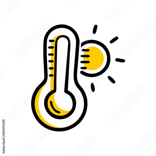 Thermometer with sun symbol indicating warm or hot weather conditions isolated on white background, Vector