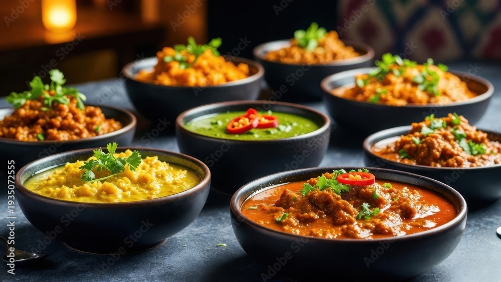 Obraz premium Bowls of assorted curries served on dark dining table.