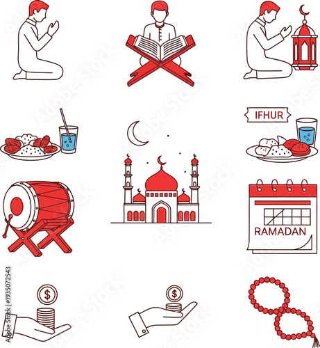 Illustrations depicting various Islamic practices and symbols during Ramadan, showcasing prayer, fasting, and charity in a minimalist style