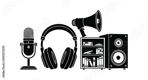 A collection of audio equipment including a microphone headphones speaker and amplifier silhouette high quality professional detailed modern elegant stylish clean