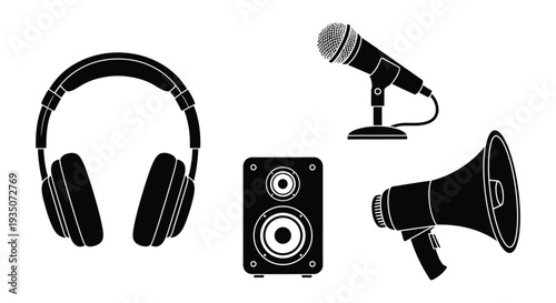 A black silhouette arrangement of audio equipment including headphones a speaker a microphone and a megaphone silhouette high quality professional detailed