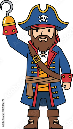 Cartoon Pirate Captain Character with Hook Hand and Skull Hat Illustration for Kids Adventure Theme, Treasure Story, and Nautical Mascot Design