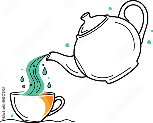 Teapot Pouring Hot Tea into Cup Line Art Illustration for Beverage Concept, Tea Time Culture, Cafe Menu, and Minimal Drink Design