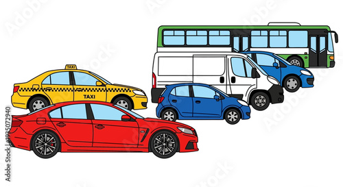 Colorful illustration of various vehicles cars bus and van on white background