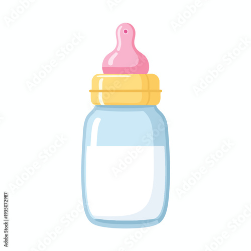 Close up of Baby Feeding Bottle with Pink Nipple and Yellow Ring