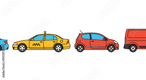 Colorful vehicles assortment car taxi van and hatchback against white backdrop