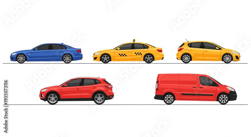 Five colorful cars isolated on white background various vehicle designs