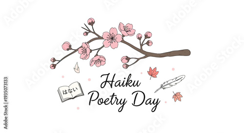 Haiku Poetry Day Illustration with Cherry Blossoms.