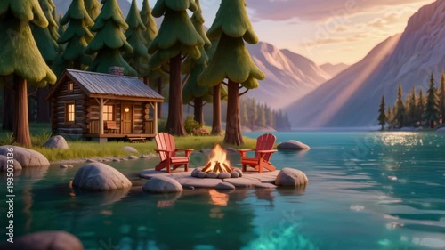seamless loop firepit near a lake- fantasy style