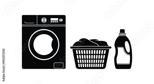 A stark black silhouette depicts a washing machine laundry basket and detergent bottle showcasing domestic chores silhouette high quality professional detailed