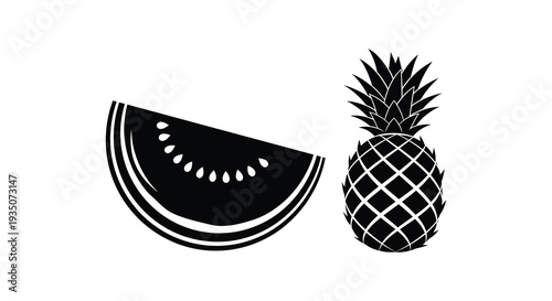 A striking black and white graphic depicts a watermelon slice and a pineapple in a bold silhouette high quality professional detailed