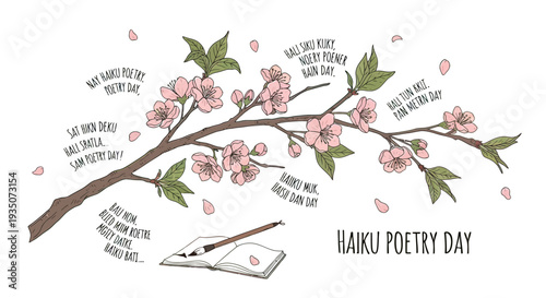 Haiku Poetry Day Illustration with Cherry Blossoms.