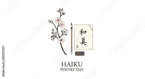 Haiku Poetry Day with Cherry Blossom and Brush.
