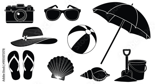 A collection of vacation essentials including a camera sunglasses and beach items presented in a striking silhouette high quality professional detailed