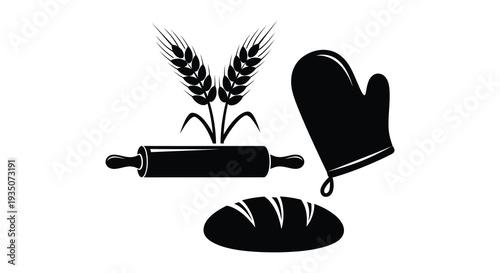 A black silhouette depicts wheat a rolling pin bread and an oven mitt representing baking and harvest time silhouette high quality