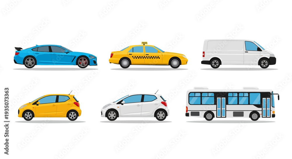 Fototapeta premium Collection of various vehicle illustrations isolated on white background