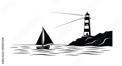 A solitary lighthouse beams its light towards a small sailboat navigating calm waters depicted in a striking silhouette high quality professional