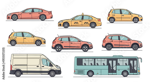 Collection of various transportation vehicles illustration against a white background