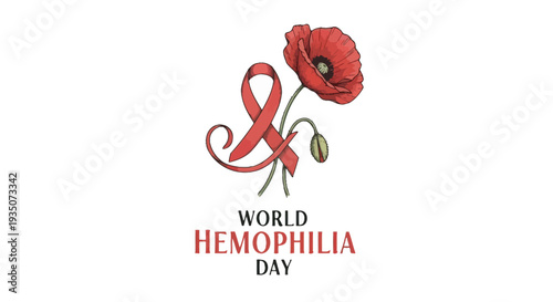 Red Poppy Ribbon Hemophilia Day Symbol.