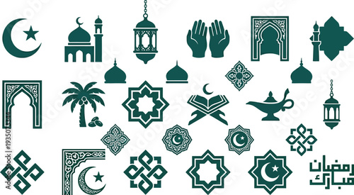 Assorted Islamic symbols and motifs, including crescent moon, stars, and geometric patterns, arranged in a decorative collection on a clean background