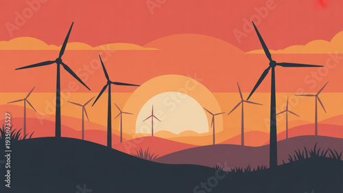 Wind turbines generate renewable energy at sunset with vibrant orange sky and silhouetted landscape