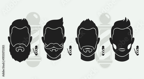 Barbershop logo elements with men beard styles facial hair silhouettes and barber poles for salon branding