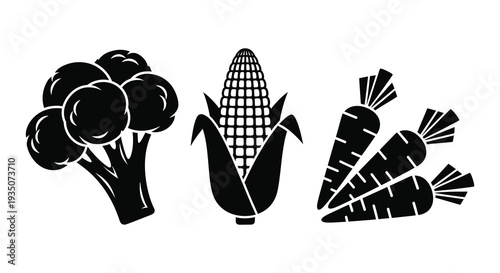 A minimalist depiction of broccoli corn and carrots in a striking black silhouette high quality professional detailed modern elegant stylish clean